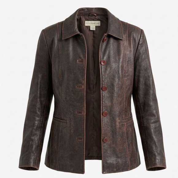 Petite Sophisticate Jackets & Blazers - 90s Vintage Brown Patina Leather Jacket Button Front Car Coat Eclectic Matrix M